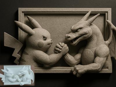 Pikachu Vs. Charizard Stone Relief