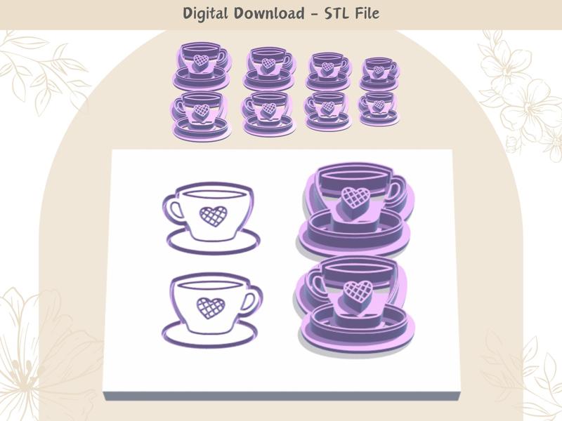 Tea Cup Mirror Pair Clay Cutter for Polymer Clay | Digital STL File | Clay Tools | 4 Sizes Summer Cl