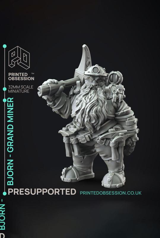 Bjorn - Grand Miner - Flesh of Gold - PRESUPPORTED - Illustrated and Stats - 32mm scale			