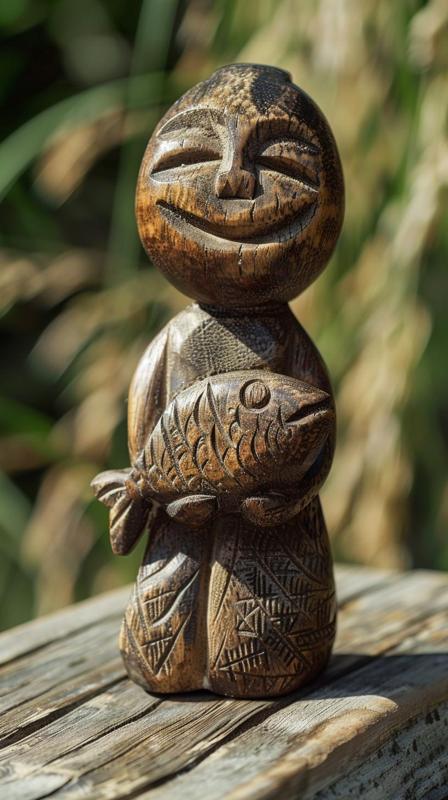 Smiling Tribal Fisher – STL File for 3D Printing – Primitive Style Wooden Figurine Holding a Fish – 