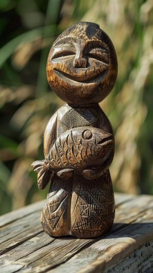 Smiling Tribal Fisher – STL File for 3D Printing – Primitive Style Wooden Figurine Holding a Fish – 