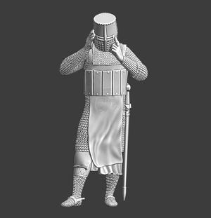Medieval knight taking on helmet
