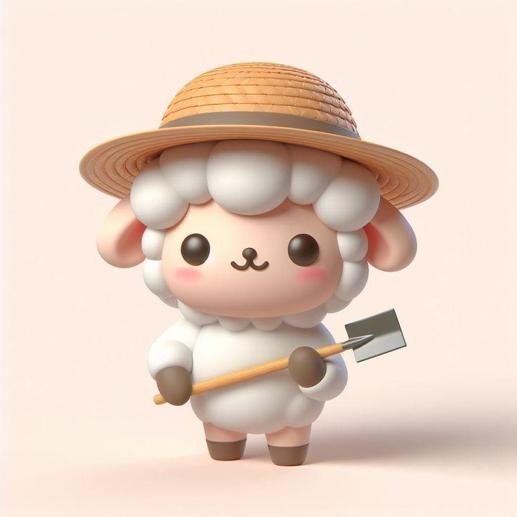 Baby sheep wearing a straw hat Clay character kawaii 3D Model