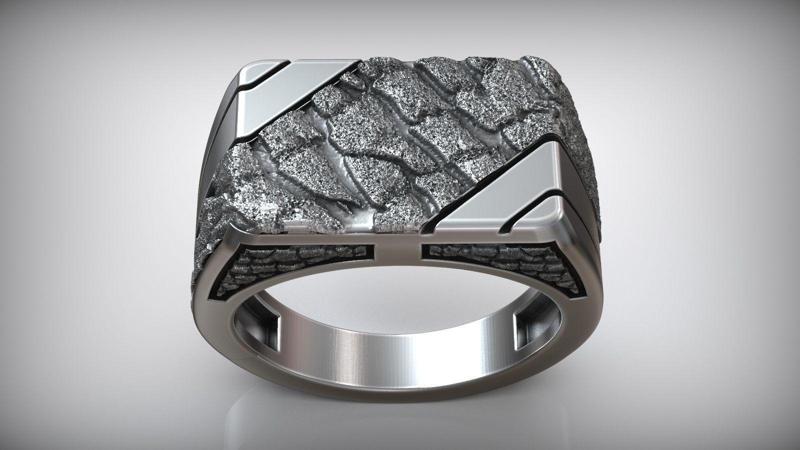 Stone Rock Pattern Signet Men Sterling Silver Ring