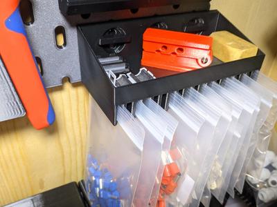IKEA Skadis pegboard bag holder with shelf
