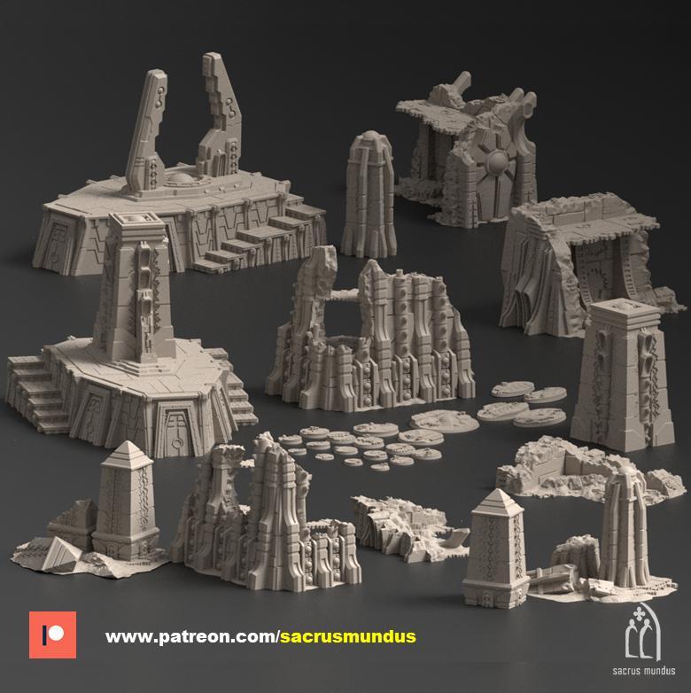 Davonis, Ancient Burial Site. 3D Printing Designs Bundle. Futuristic / Alien / Ruins / Scifi Buildings. Terrain and Scenery for Wargames