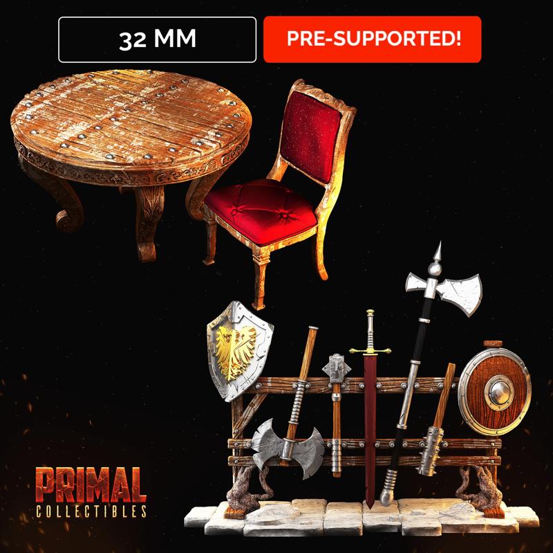 Table + chair and Weapons rack - MASTERS OF DUNGEONS QUEST