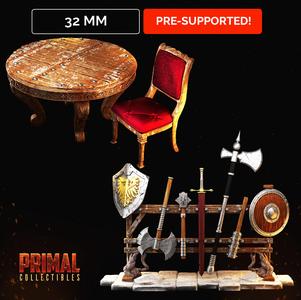 Table + chair and Weapons rack - MASTERS OF DUNGEONS QUEST
