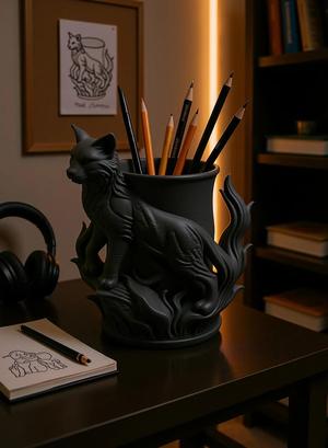 Dark Flame Fox – Mythical Pen Holder for Artists and Dreamers