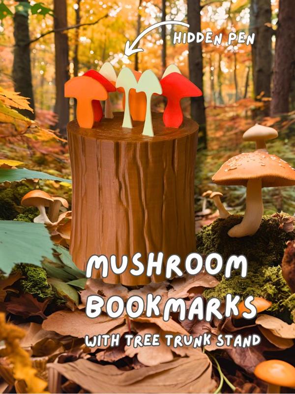 Mushroom Bookmarks with Tree Trunk Stand