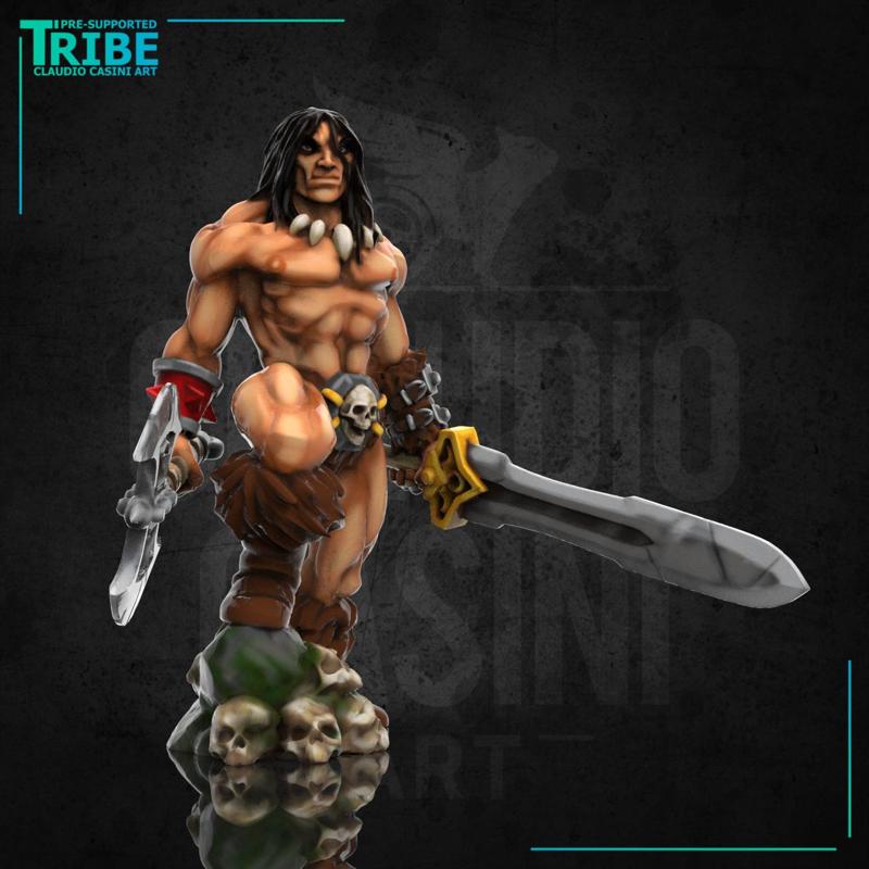 (0017 Colors) Male human half-orc barbarian with swords and axes