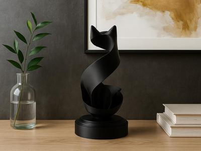 Ribbon Cat Sculpture – Elegant 3D Printed Figurine