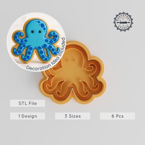 Octopus Shape Cutter & Stamp, Cookie & Fondant Tool, Blue Ring Design, 6-Piece Set, Small to Large Sizes PRODUCT_87