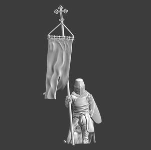 Medieval Knight kneeling with crusader banner