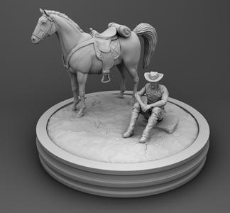 A tired cowboy with a horse