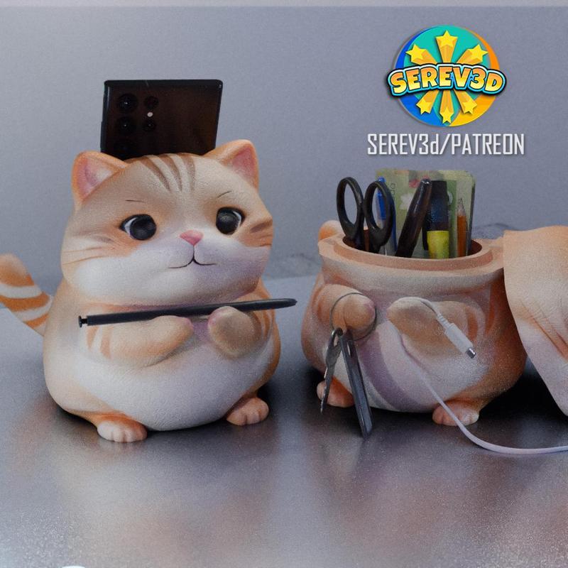 Cute Chubby Orange Cat - Phone and Pen Holder - Multicolor 3MF & STL Model