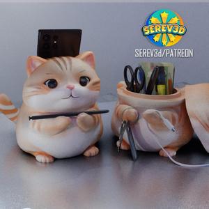 Cute Chubby Orange Cat - Phone and Pen Holder - Multicolor 3MF & STL Model