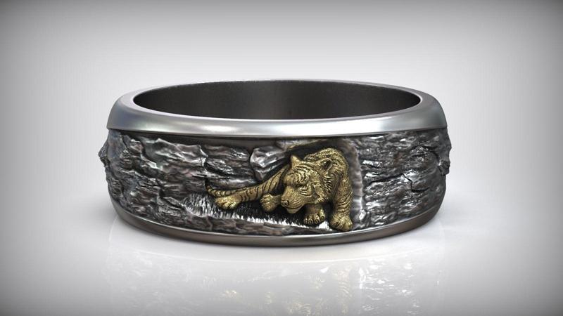 Gold Tiger Oxidized Silver Wedding Band