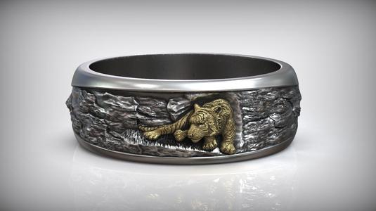 Gold Tiger Oxidized Silver Wedding Band