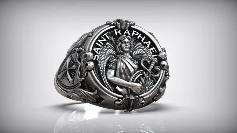 Saint Raphael Archangel Shield Caduceus Spear Christian Ring