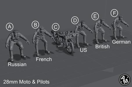 WW1- 28mm Moto and Pilots 6 STL- Files Pre-supported - Files Test Printed.