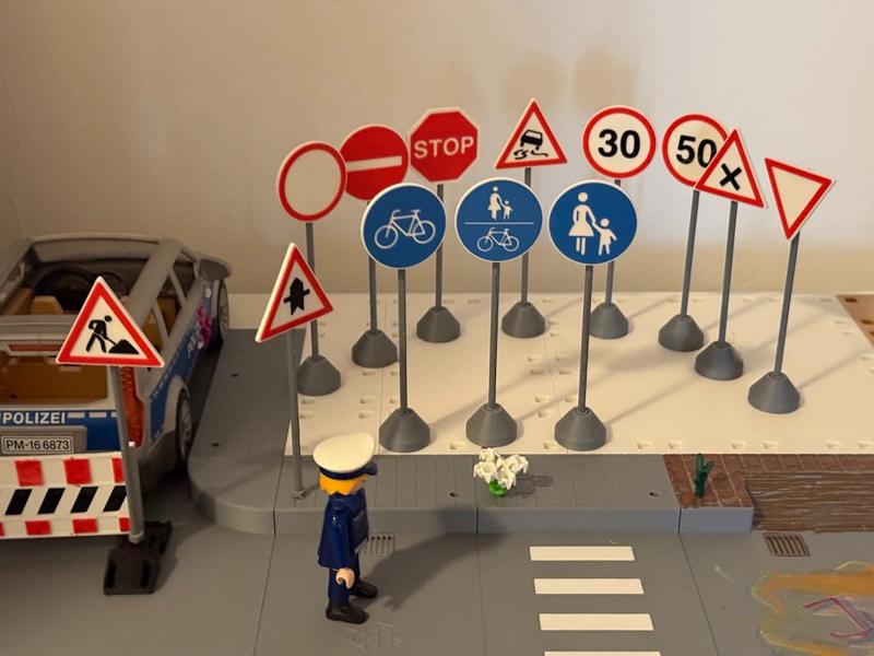 Traffic Signs, Posts, and Cones for e.g., Playmobil