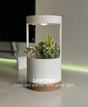 Lantern, desk vase with grow light and drip tray.