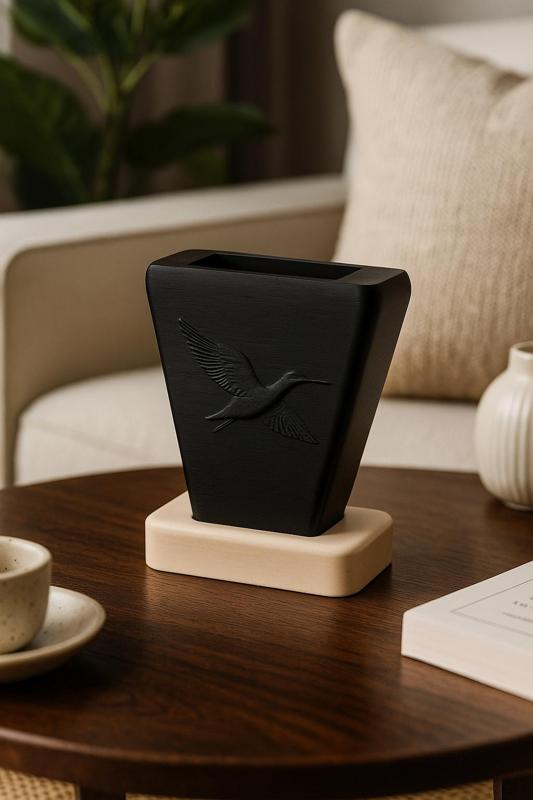 Sable Crane Vase – Modern Black Vase with Bird Relief