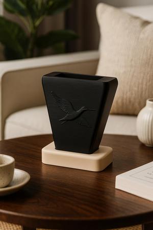 Sable Crane Vase – Modern Black Vase with Bird Relief