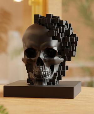 Pixelated Black Skull Sculpture – Contemporary Gothic Art