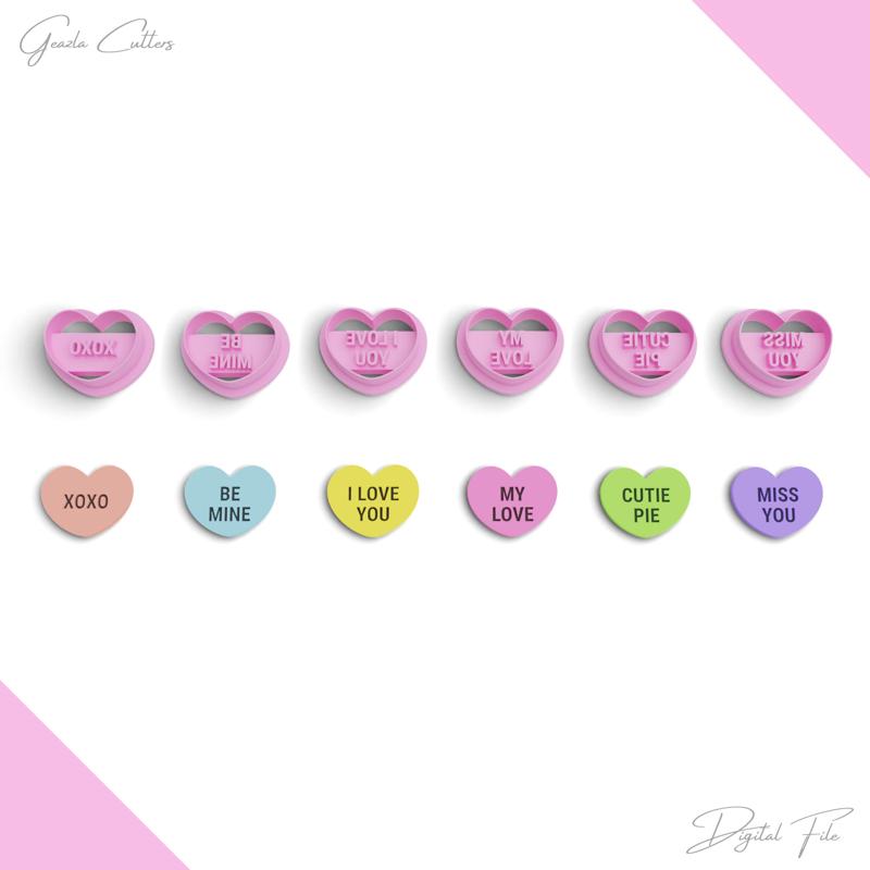 Conversation Heart Candy "Love Phrases" Clay Cutter, 6 Models, 2 Cutter Version, 5 Size, No: 1276