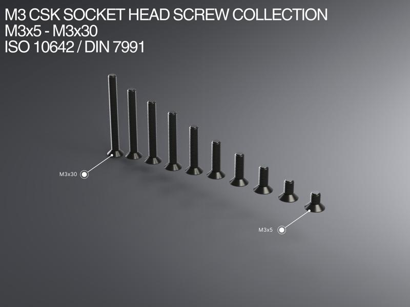 M3 CSK Socket Head Screw Collection M3x6-M3x30 ISO 10642 / DIN 7991