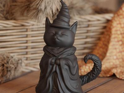 Black Cat Witch Figurine - Magical Cat Sculpture