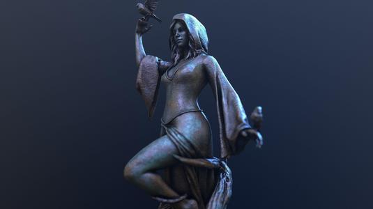 Nocturnal statue of woman holding bird