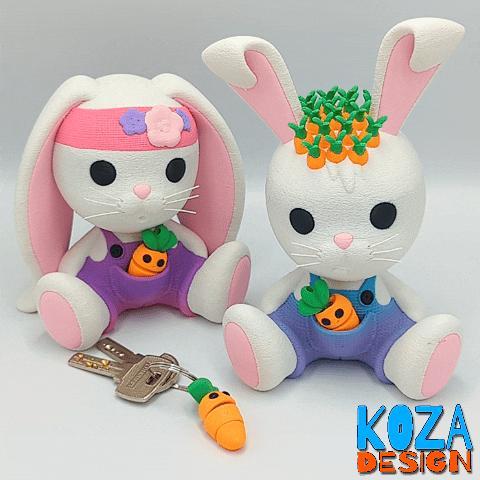 Bunny Brothers, cute baby rabbits and their articulated carrot keychain