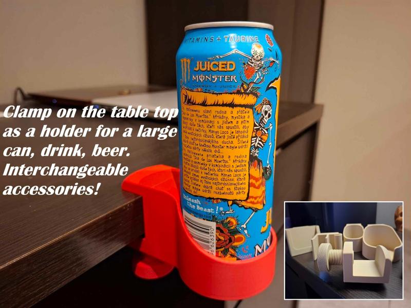 Clamp on the table top as a holder for a  beer