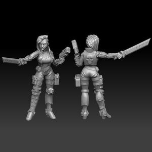 Cyberpunk thug girl with gun and sword
