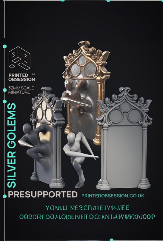 Silver Golems - 3 Monsters & Enviromental models - PRESUPPORTED - Illustrated and Stats - 32mm scale
