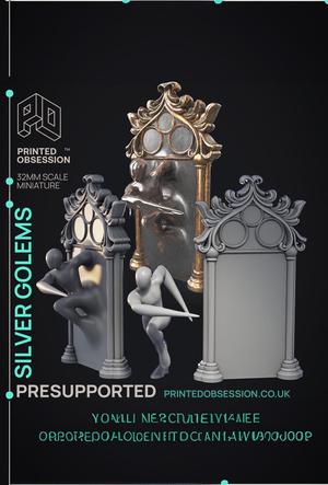 Silver Golems - 3 Monsters & Enviromental models - PRESUPPORTED - Illustrated and Stats - 32mm scale