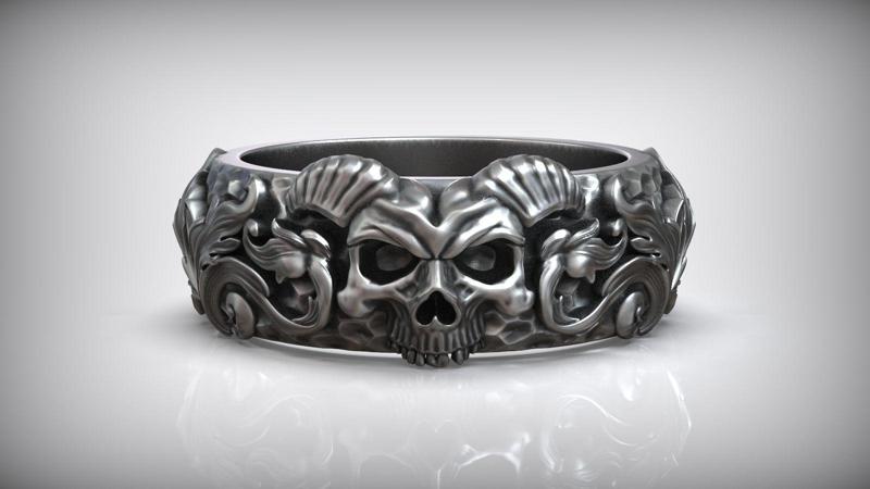 Classic Baroque Carved Hammered Skull Horn Ring