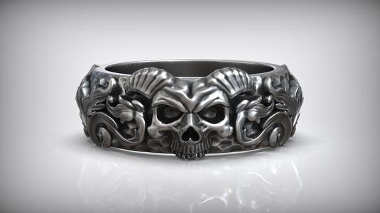 Classic Baroque Carved Hammered Skull Horn Ring