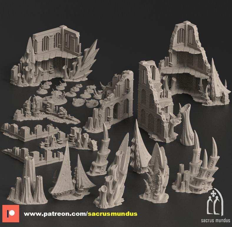 Tulipa, The Infested World. 3d Printing Designs Bundle. Alien Tyranid Scifi Ruins. Terrain and Scenery for Wargames