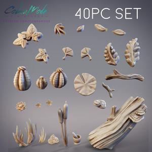 40pc Base Bits Decorations Pack - Flowers, Grass, Cattails, Leaves, Sticks, Mushrooms, Frog, Lilypad, Rocks, Skulls, Mortar and Pestle
