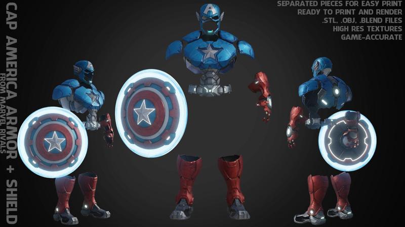 Marvel Rivals Captain America Full Armor and Shield for Cosplay 3D Model Collection