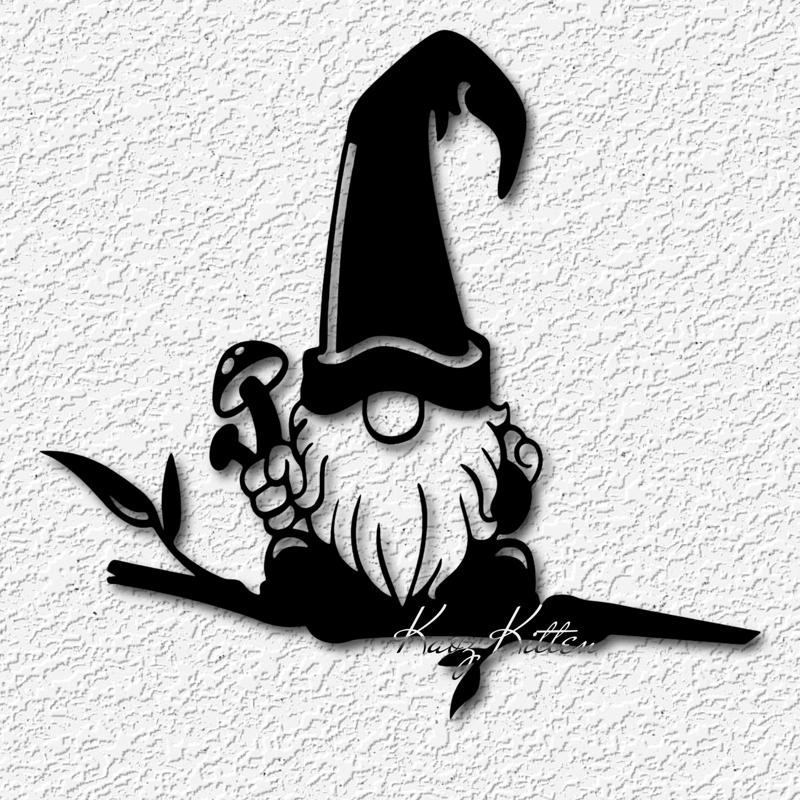 gnome on a branch with mushrooms wall art garden home decor