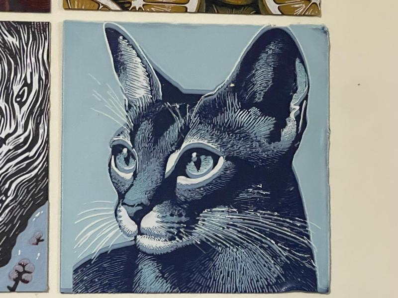 Blue Abyssinian Cat Hueforge Woodblock Print Art  