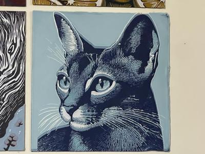 Blue Abyssinian Cat Hueforge Woodblock Print Art  