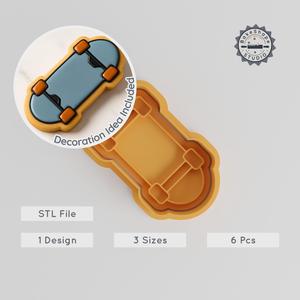 Skateboard Shape Cutter & Stamp Set, Perfect for Cookies & Fondant, 3 Sizes, 6 Pieces, Sports & Skateboarding Design PRODUCT_594