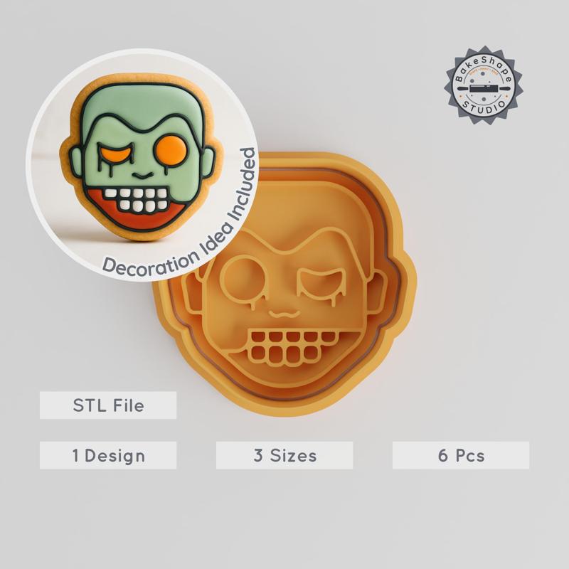 Zombie Boy Cookie Cutter & Stamp Set, 6 Pieces, Halloween Emojis, Fondant & Cookie, Sizes S M L PRODUCT_930
