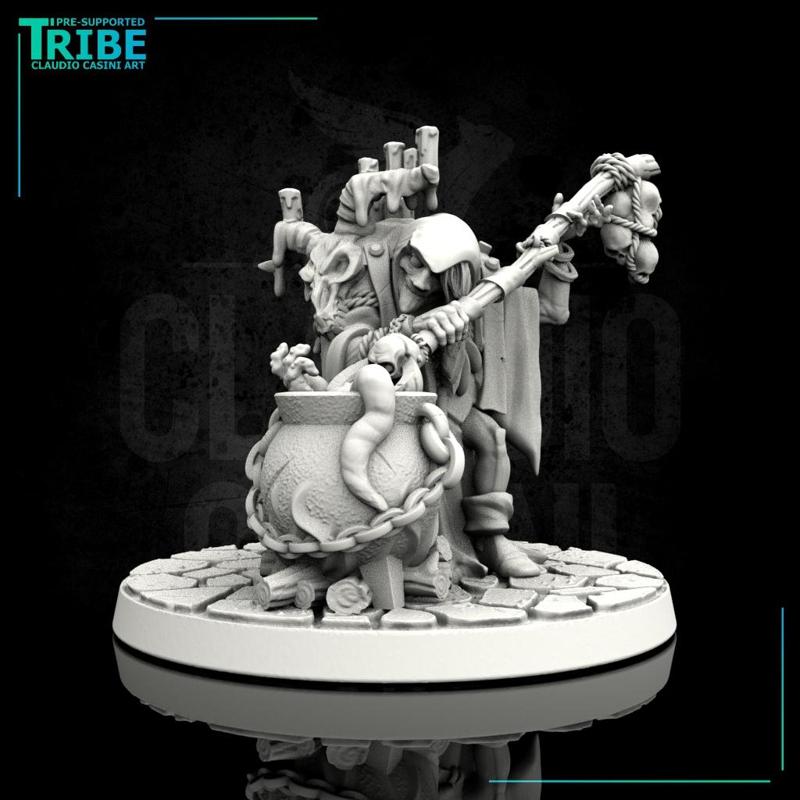 (0121) Female horror human, firbolg, half-orc, tiefling old witch with cauldron